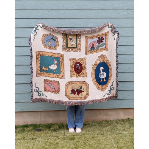 Lucky Duck Blanket | vintage inspired duck tapestry blanket, goose, strawberry, lemon
