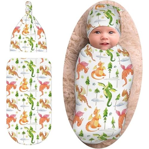 Dragon and Tree Print Swaddle Blanket With Beanie Set, Dragon Theme Baby Stuff Swaddle Sack Newborn Sleeping Sacks For Girls Boys