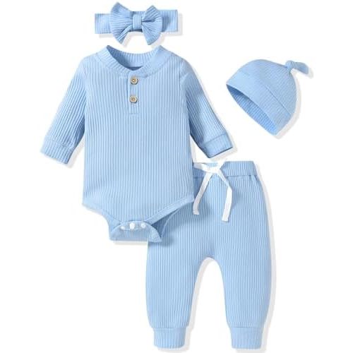 Aalizzwell Gender Neutral Long Sleeve Baby Ribbed Outfit with Hat & Headband