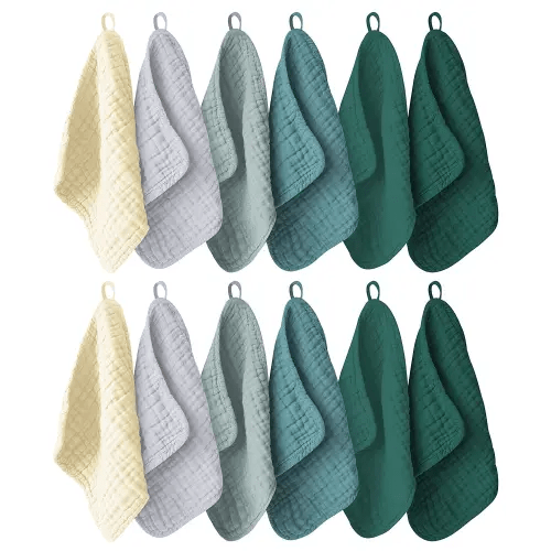 12 Pack Muslin Washcloths for Baby - 100% Cotton Baby Wash Cloths for or Baby Face Body Comfy and Soft for Newborn Infants Kids Girls and Boys - 12"x12" - Ivory, Slate and Emerald Series
