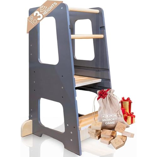 Toddler Kitchen Stool Helper – Adjustable Standing Tower with Safety Rails, Anti-Tip Design & Non-Slip Stickers – Patented Design, Double Safety Barrier & CPC Certified (Grey Blue)
