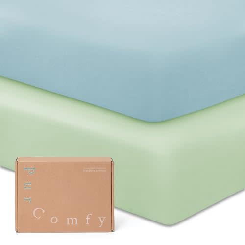 PurComfy Supersoft Pack and Play Sheets Fitted, Premium Bamboo Viscose Mini Crib Sheets, Pack N Play Mattress Sheets, Graco Playard Baby Sheets Neutral for Boys Girls, 5'' Deep Pocket 2-Pack