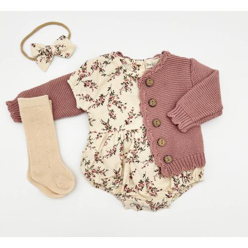 Baby Girl Cotton Floral Bubble Romper with Bow | Matching SET OPTIONS Socks Cardigan | Anessa