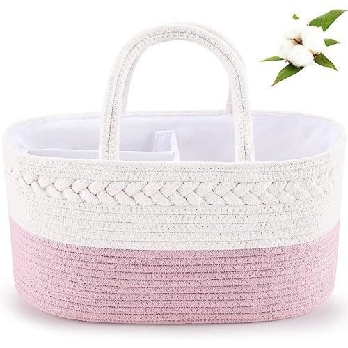 ABenkle Diaper Caddy Organizer - Cotton Rope Nursery Storage Basket for Baby Essentials, Boys & Girls Shower Gift, Changing Table Organizer, Pink