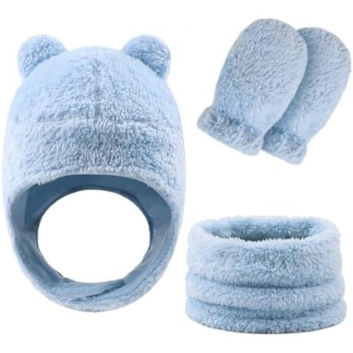 Fleece Baby Hat Scarf Mitten Set Winter Toddler Beanie Warm Mittens Infant Scarves Ears Earflap Hats for Baby Boys Girls