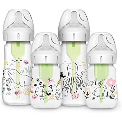 Dr. Brown’s Natural Flow® Anti-Colic Options+™ Wide-Neck Baby Bottle Designer Edition Bottles, Ocean & Woodland Design, 9 oz & 5oz, Level 1 Nipple, 4-Pack, 0m+