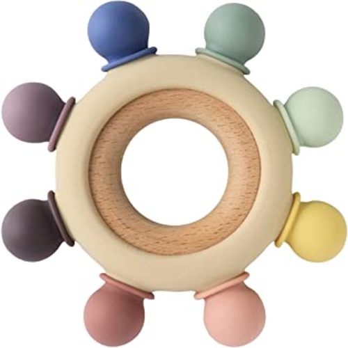 Baby Teething Toys Silicone Teethers BPA Free Silicone Rudder with Wooden Ring Soothe Babies Gums (8 Directions - Gray)