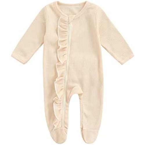 Newborn Baby Girl Footie Waffle Knit Romper Zippers Ruffle Jumpsuit Fall Winter Clothes