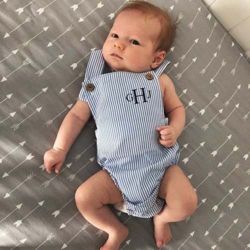 Summer Baby Boy Romper with Monogram or Name. Linen like or Seersucker Newborn Baby Boy Coming Home Outfit, 1st Birthday Outfit Newsboy Hat