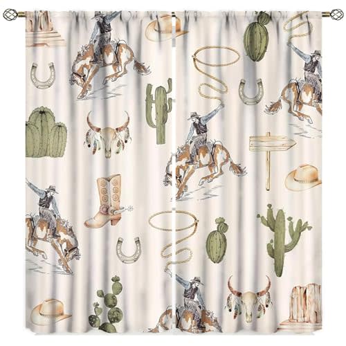 Yearn Jear Vintage West Cowboy Window Curtains ,Rustic Wild West Cowboy Ride Horse and Desert Cactus Window Treatments for Bedroom Living Room 42x45in Decor