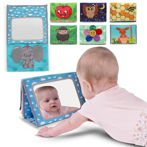 Lovely Genius Tummy Time Mirror Toys with Soft Crinkle 3D Activity Book-Baby Teether, High Contrast Baby Toys for Newborn Tummy Time Toys Developmental Newborn Infant Sensory Toys Gift 0-12 Months
