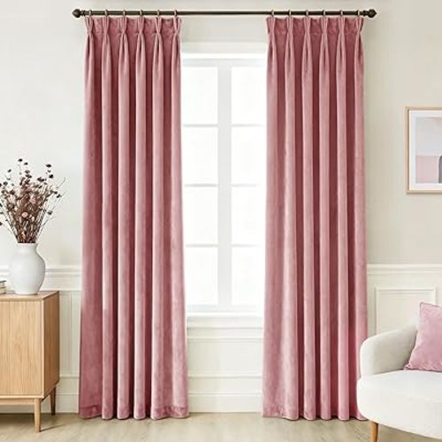Pinch Pleated Dusty Rose Velvet Curtains for Living Room Modern Elegant Plush Velvet Luxury Fabric Room Darkening Window Drapes Bedroom Curtain 40x84