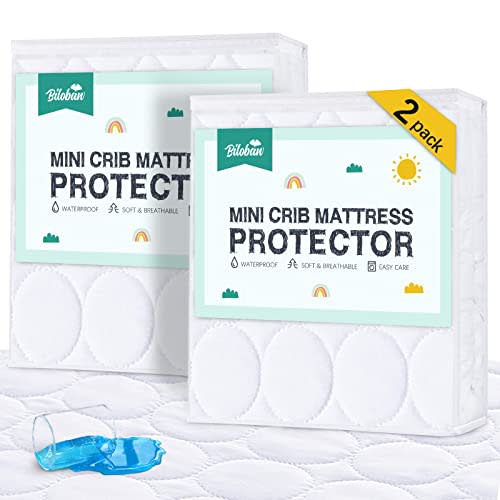 Mini Crib Mattress Protector Sheets Waterproof 2 Pack, Quilted Pack and Play Mattress Pad Cover Fits for Mini Crib/Playen/Pack and Play Mattress, White, 38"x24"