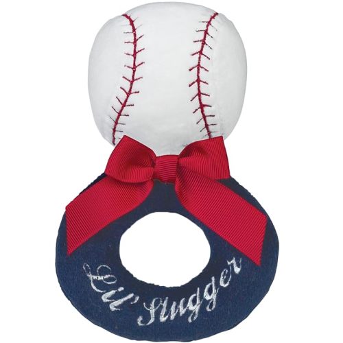 Bearington Baby Lil’ Slugger, 5.5 Inch Red, White and Blue Plush Stuffed Baby Baseball Soft Ring Rattle - Baseball Toys