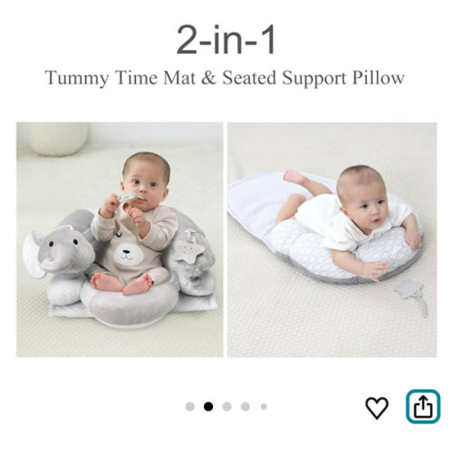 Lovvie & Joy 2-in-1 Tummy Time Mat & Seated Support Pillow,Baby Tummy Time Pillow Support for Newborns and Older Babies,with Detachable Support Pillow and Toys Elephant