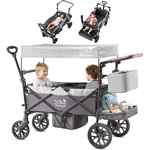 Wagon Stroller for 2 Kids, Foldable Toddler Wagon with Canopy & Removable Tray, Zipper Door, Full Suspension and 5-Point Harness, Parent Organizer, Adjustable Handle, for 6+ Months