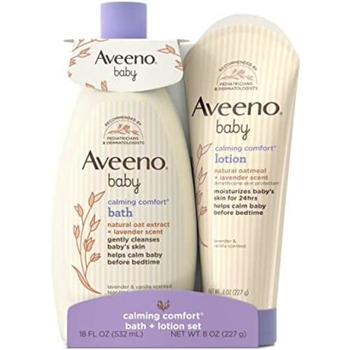 Aveeno Baby Calming Comfort Bath & Lotion Set, Night time Baby Skin Care Products with Natural Oat Extract, Lavender & Vanilla Scents, Paraben-Free, 2 Items