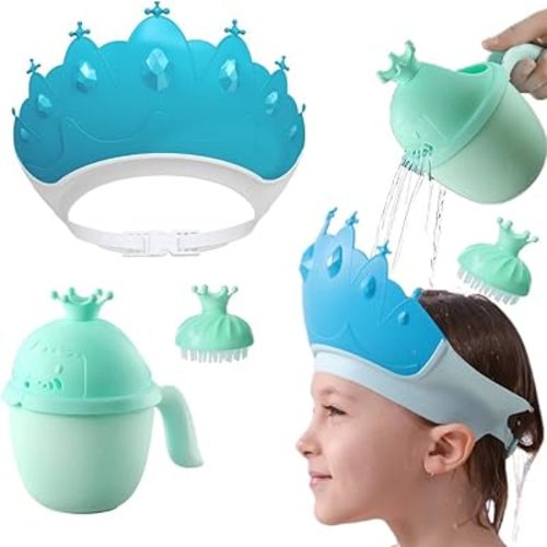 Baby Shower Cap Shield, Baby bath set shower cap/water cup/massage brush,Visor Hat for Eye and Ear Protection for 0-9 Years Old Children,Cute Crown Shape Makes the Baby Bath More Fun (Blue)