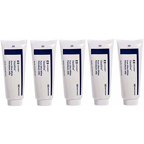 5 Pack Medical Grade Vaseline Pure Ultra White Petroleum Jelly, 3.25 oz (97.5 mL) Tubes ONLY by Kendall/Covidien