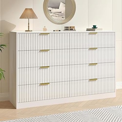 Fluted Dresser for Bedroom with 8 Drawer, 55” Wide White Double Drawer Dresser Modern Chest of Drawers with Metal Handle, Wood TV Stand for Bedroom, Living Room, White