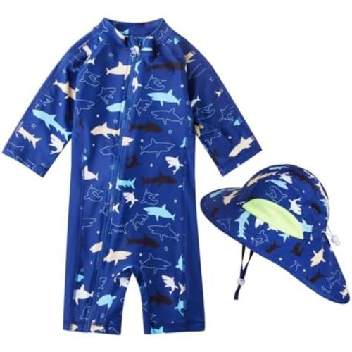 Baby Boy Swimsuit Rash Guard Toddler Sun Protection Swimwear Infant One Piece Bathing Suit with Sun Hat