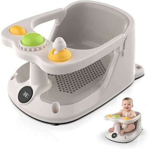 Baby Bath Seat for 8-18 Months, Non-Slip Toddler Bath Chair with Suction Cups & Temperature Display, Ergonomic Infant Bath Seat with Toy Tray, BPA-Free Baby Bath Tub Seat for Sitting Up