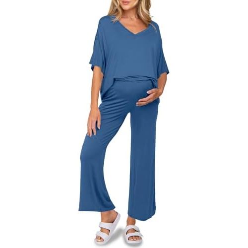 Tankaneo Womens Maternity Pajamas 2 Piece Lounge Set Soft Short Sleeve V Neck T-shirt Cropped Pants Pregnancy Loungewear