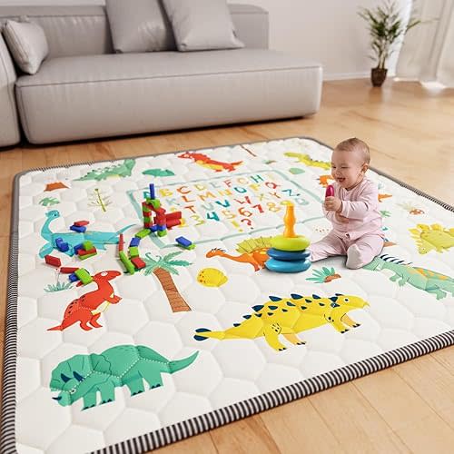 Baby Play Mat 50x50 Playpen Mat Waterproof Baby Floor Mat Cushioned Anti- Slip Crawling Mat Pad Letter Playmats for Babies Toddlers Infants Tummy Time Activity (50x50, Letter Dino)
