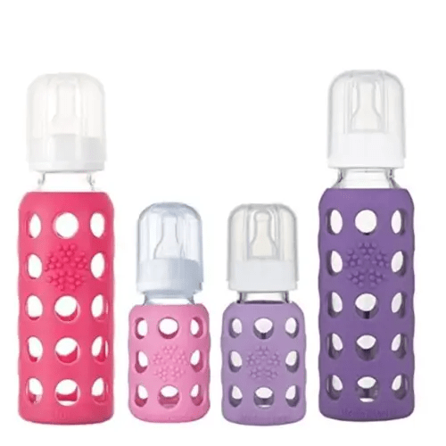 Lifefactory Glass Baby Bottles with Silicone Protection - 4-PACK, 4 oz/9 oz Bottles, (1- Pink, 1- Raspberry, 1- Lavender & 1- Grape)
