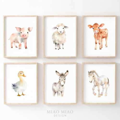 Farm Nursery Decor, Nursery Wall Art, Farm Animals, Baby Room Decor, Watercolor, Set Of 6, Printable Wall Art, Digital Download