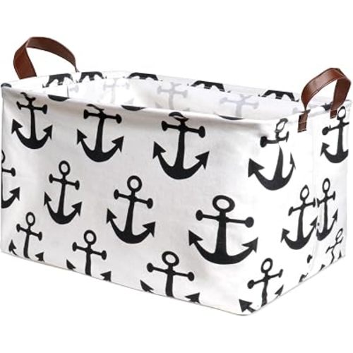 Collapsible Storage Basket with Handles, Waterproof Foldable Organizer Bin 15x10x9 Inches, Nautical Anchor Decor for Toys, Shelves, Home