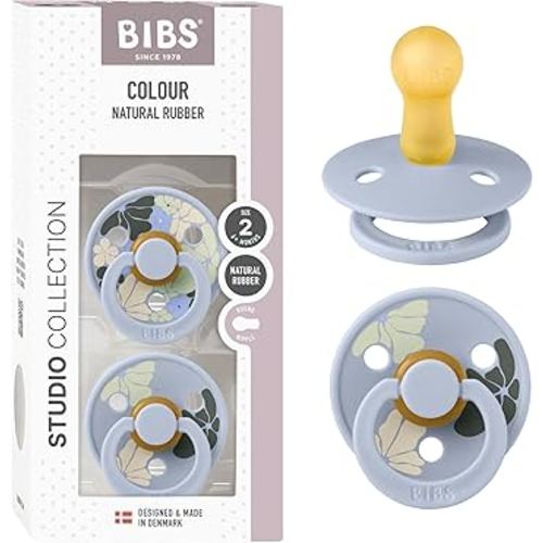 BIBS Pacifiers - Colour Studio 2 Pack | Round Nipple Baby Pacifier | BPA Free Natural Rubber Latex Soother | Made in Denmark | Size 0+ Months | Morning Bloom Dusty Blue