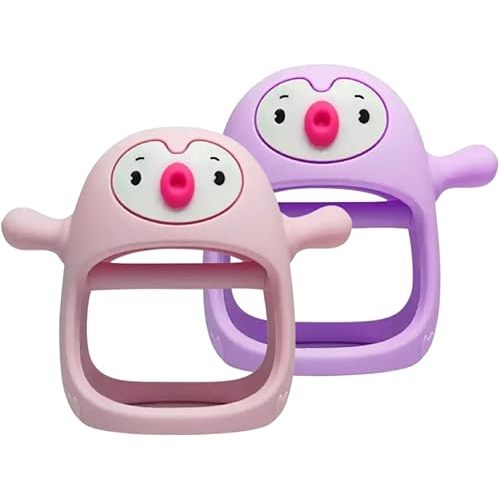 Yummy Baby Cute Penguin Teething Mitten for Babies, Easy to Hold, No-Drop Design, Silicone Baby Teether Toys, Relief from Teething Pain, Nipple Shaped Penguin Hands Comfort Gums (Pink/Purple)