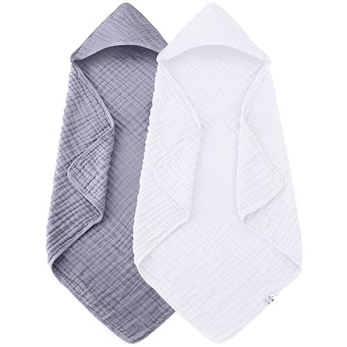2 Pack Hooded Baby Towels - 100% Muslin Cotton for Newborns, Infants, Toddlers - Large 32x32Inch Size - Highly Absorbent and Essential for Newborn Care, White and Grey