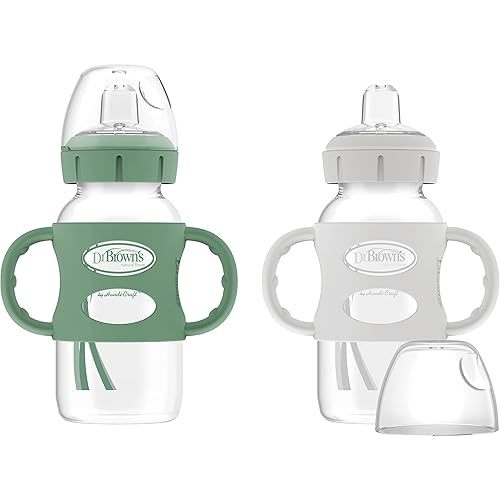 Dr. Brown's Milestones Wide-Neck Sippy Spout Bottle with 100% Silicone Handles, Easy-Grip Handles with Soft Sippy Spout, 9oz/270mL, Green & Gray, 2-Pack, 6m+