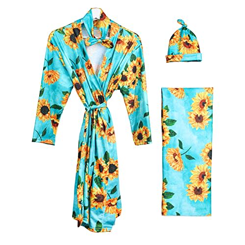 Mommy and Me Robe and Swaddle Set Floral Maternity and Baby Matching Delivery Blanket Headband for Mom Girl Boy 4pcs