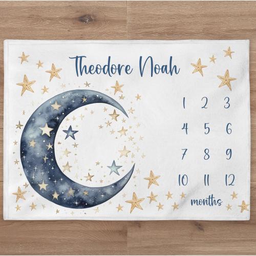 Gold Stars Milestone Blanket Personalized Stars Baby Boy Month Blanket Custom Moon Age Newborn Calendar Tracker New Baby Shower Gift