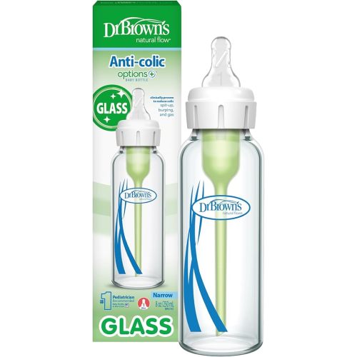 Dr. Brown's Anti-Colic Options+ Narrow Glass Baby Bottle with Level 1 Slow Flow Nipple, BPA-Free, 8 oz/250 mL, 0m+, 1-Pack (Packaging May Vary)