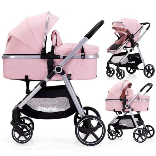 2-in-1 Baby Stroller with Bassinet Mode - Folding Infant Newborn Pram Stroller with Reversible Seat - Toddler Strollers for 0-36 Months Old Babies (Pink)
