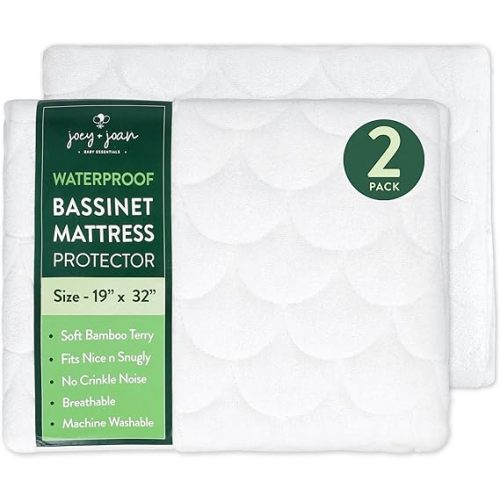 Joey + Joan Waterproof Bassinet Mattress Pad Cover 19" x 32" for Cowiewie Bedside Sleeper Bassinet Sheets – Made from Ultra Soft Bamboo Viscose Terry – 2 Pack