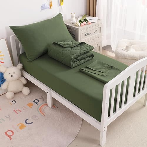 NTBAY Toddler Bedding Set 4 Piece Crib Bedding Set Olive Green
