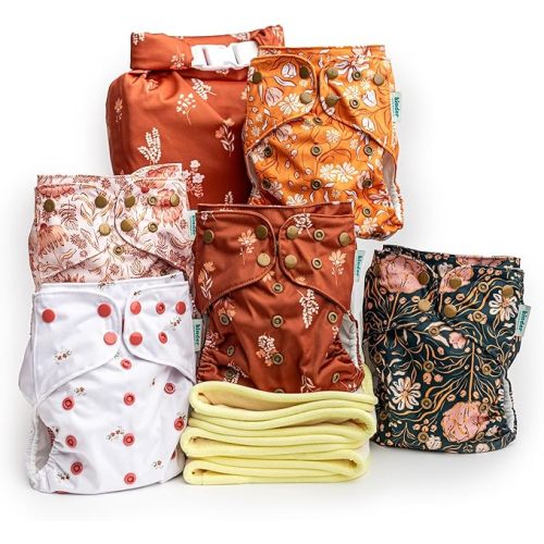 Kinder Cloth Diapers Set of 5 Reusable Baby Diapers Pocket Style Athletic Wicking Jersey, Bamboo Viscose Inserts, Wet Bag, Newborn to Potty Training 7-60lbs, One Size (Boho Floral)