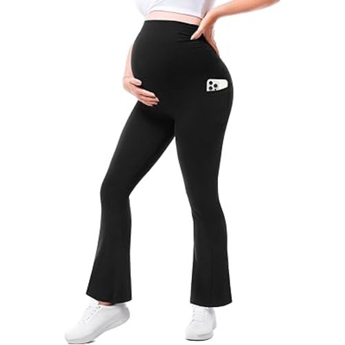 Walifrey Maternity Flared Leggings with Pocket Over The Belly Buttery Soft Pregnancy Yoga Pants for Workout