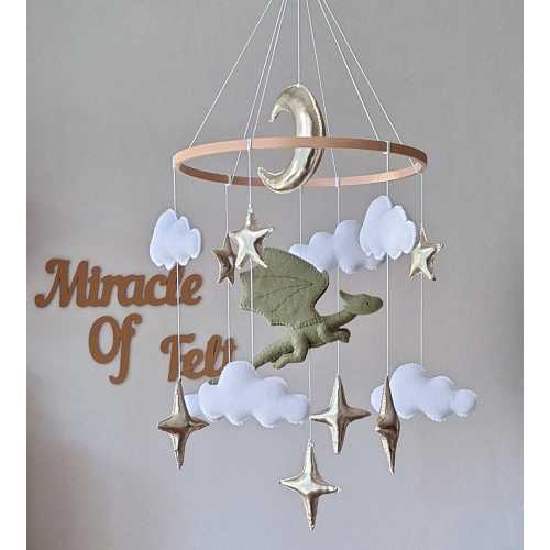 Green Felt Dragon Baby Crib Mobile: Fantasy Nursery Hanging Decor Moon Stars