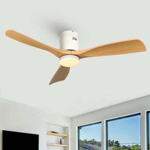 52 in. Smart Indoor Modern Wood Low Profile Propeller Flush Mount Ceiling Fan with Light Integrated LED Remote Included