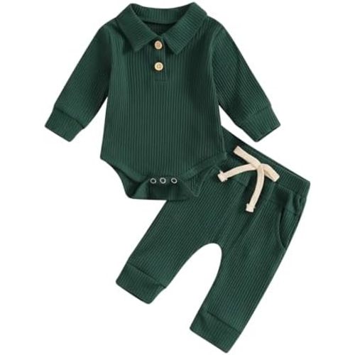 Fall Baby Boys Clothes Infant Ribbed Outfit Button Long Sleeve Lapel Neck Romper + Drawstring Pants
