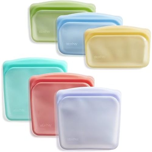 Stasher Premium Silicone Reusable Food Storage Bags, 6-Pack, Multi, Multi-Use Food Storage Bags, Lunch Bag, Travel Containers, BPA Free, Leak-free, Dishwasher-Safe, Eco-friendly
