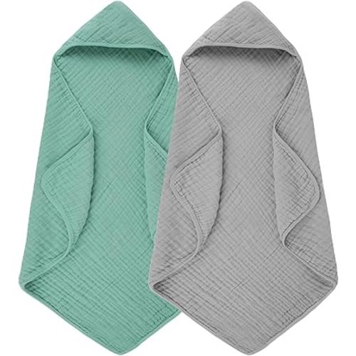 Hooded Baby Bath Towels 100% Muslin Cotton Baby Bath Towel for Infant, Toddler and Kids,Soft and Absorbent Newborn Essential,Large 32x32Inch 2 Pieces Green & Grey