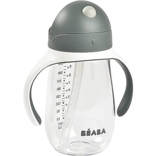 Beaba Straw Sippy Cup, Sippy Cup with Removable Handles, Sippy Cup with Straw, Baby Straw Cup, Toddler Cup, Toddler Straw Cups, 8+ months, 10 oz, Charcoal