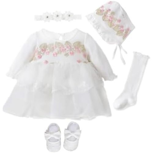 Newborn Baby Girl Dress 0 3 6 Months Infant Pink White Baptism Outfit Party Dresses Hat Shoes Set